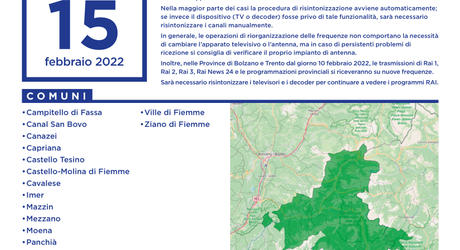 Nuova TV digitale, domani cambiano le frequenze nelle aree di Fiemme, Fassa, Primiero e Tesino Nuova TV digitale, domani cambiano le frequenze nelle aree di Fiemme, Fassa, Primiero e Tesino