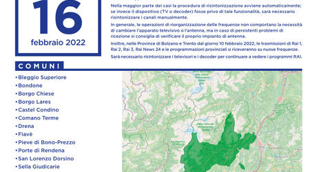 Nuova TV digitale, domani cambiano le frequenze in Giudicarie, Rendena, Chiese e Valle dei Laghi Nuova TV digitale, domani cambiano le frequenze in Giudicarie, Rendena, Chiese e Valle dei Laghi