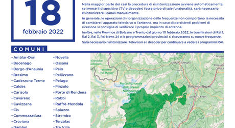 Nuova TV digitale, domani cambiano le frequenze in Val di Sole, Rendena e alta val di Non Nuova TV digitale, domani cambiano le frequenze in Val di Sole, Rendena e alta val di Non