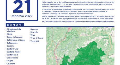 Nuova TV digitale, domani cambiano le frequenze in Valsugana, Vanoi e Primiero Nuova TV digitale, domani cambiano le frequenze in Valsugana, Vanoi e Primiero